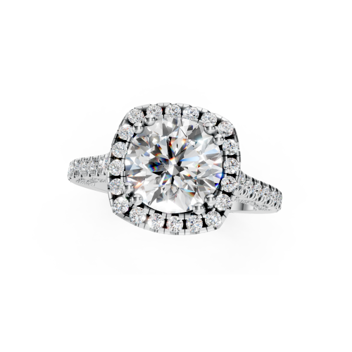 Vintage Inspired Platinum Round Diamond Halo Ring with Engraved Band