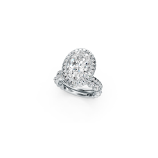 Oval Platinum Round Diamond Halo Ring with Ornate Scrollwork Band