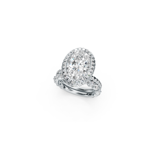 Oval Platinum Round Diamond Halo Ring with Ornate Scrollwork Band