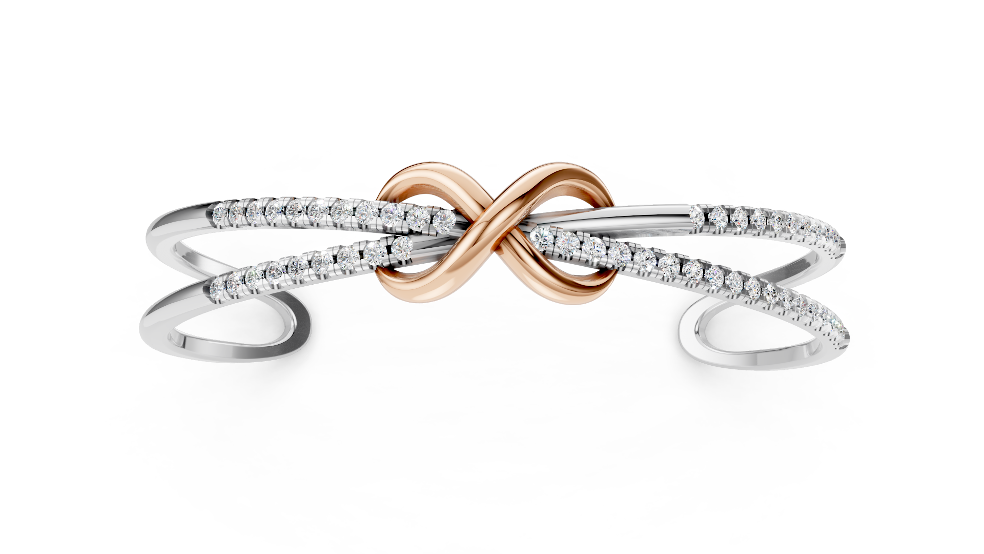 Elegant Two-Tone Platinum and Rose Gold Infinity Diamond Open Cuff Bracelet