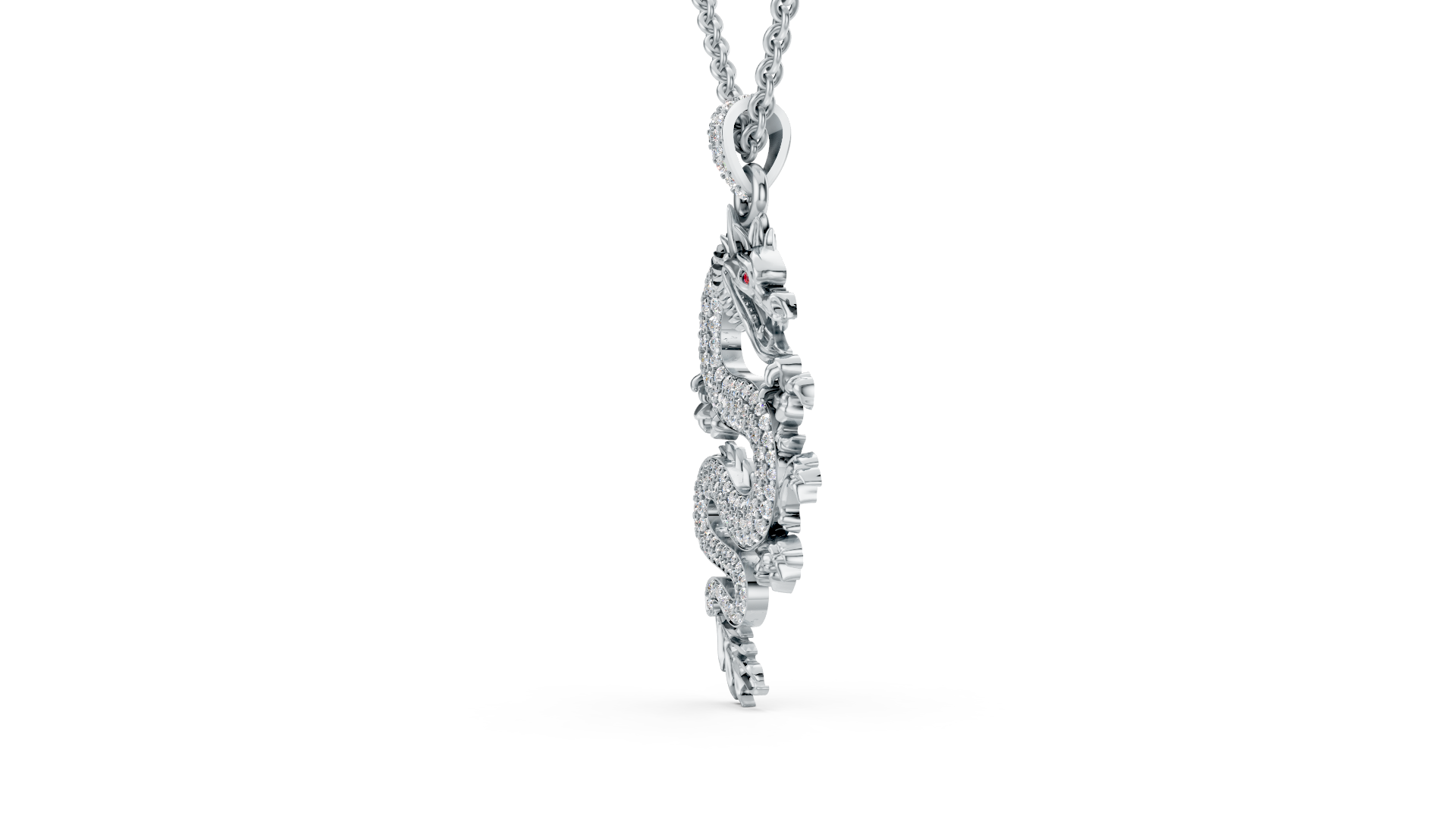 Platinum Pave Diamond Chinese Dragon Pendant with Ruby Eyes