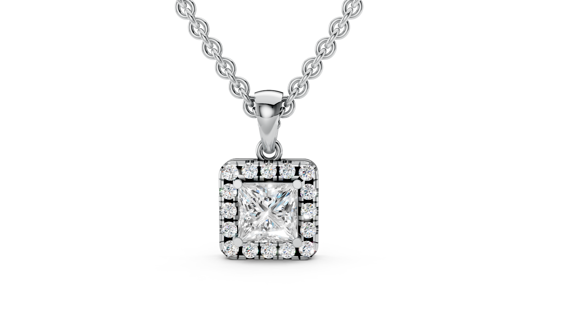 Modern Princess Cut Halo Diamond Pendant