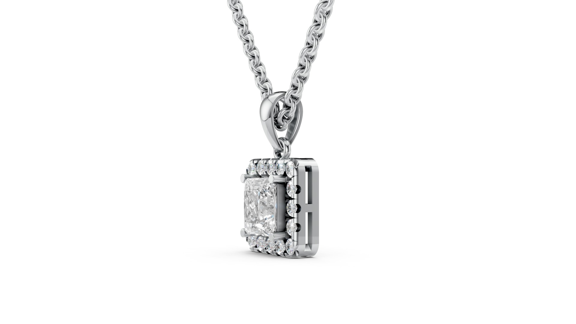 Modern Princess Cut Halo Diamond Pendant