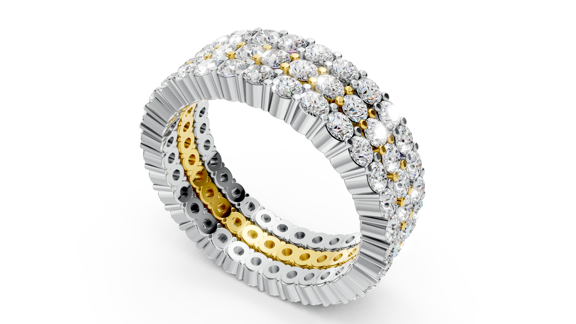 Luxurious Three-Row Diamond Band Ring in Platinum and Gold