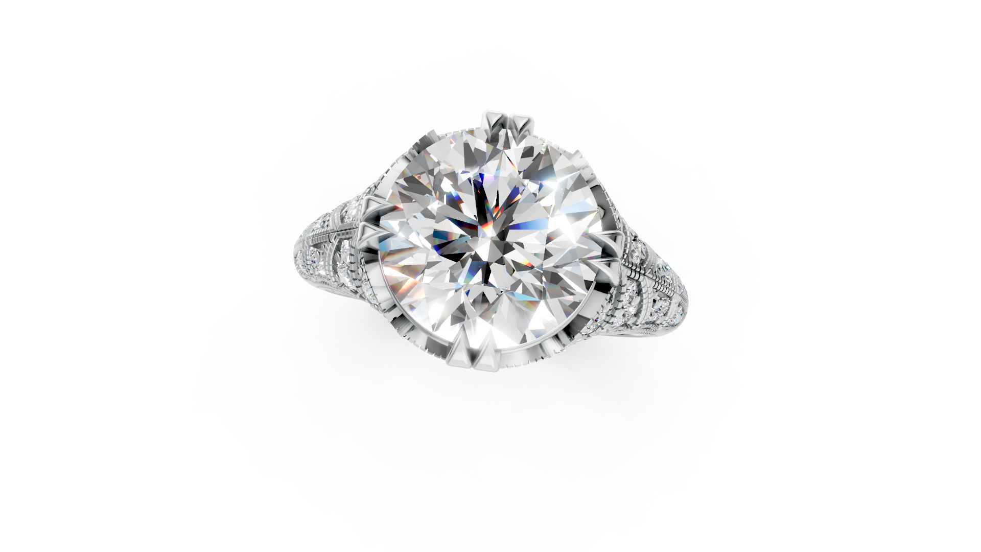 Vintage Crown Solitaire Ring with Engraved Diamond Band