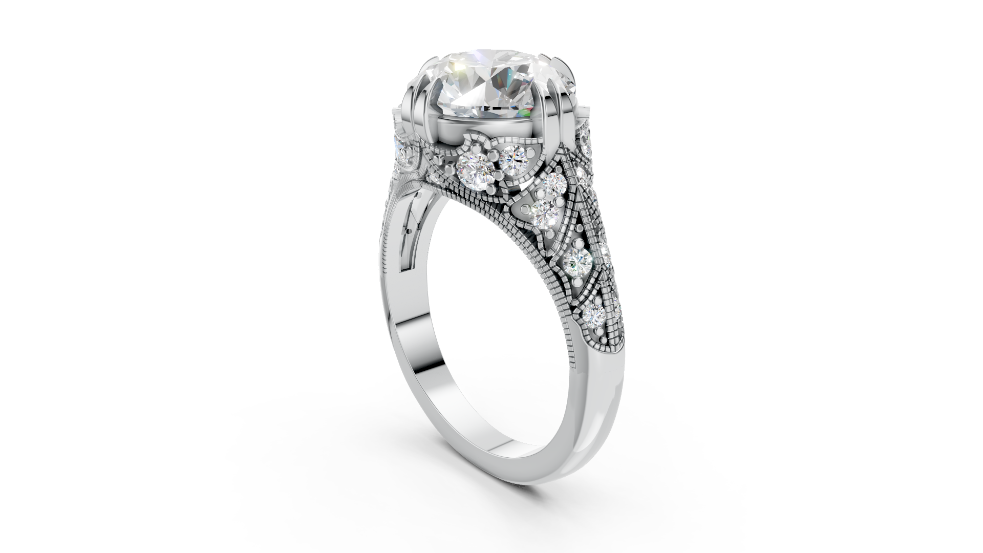 Vintage Crown Solitaire Ring with Engraved Diamond Band