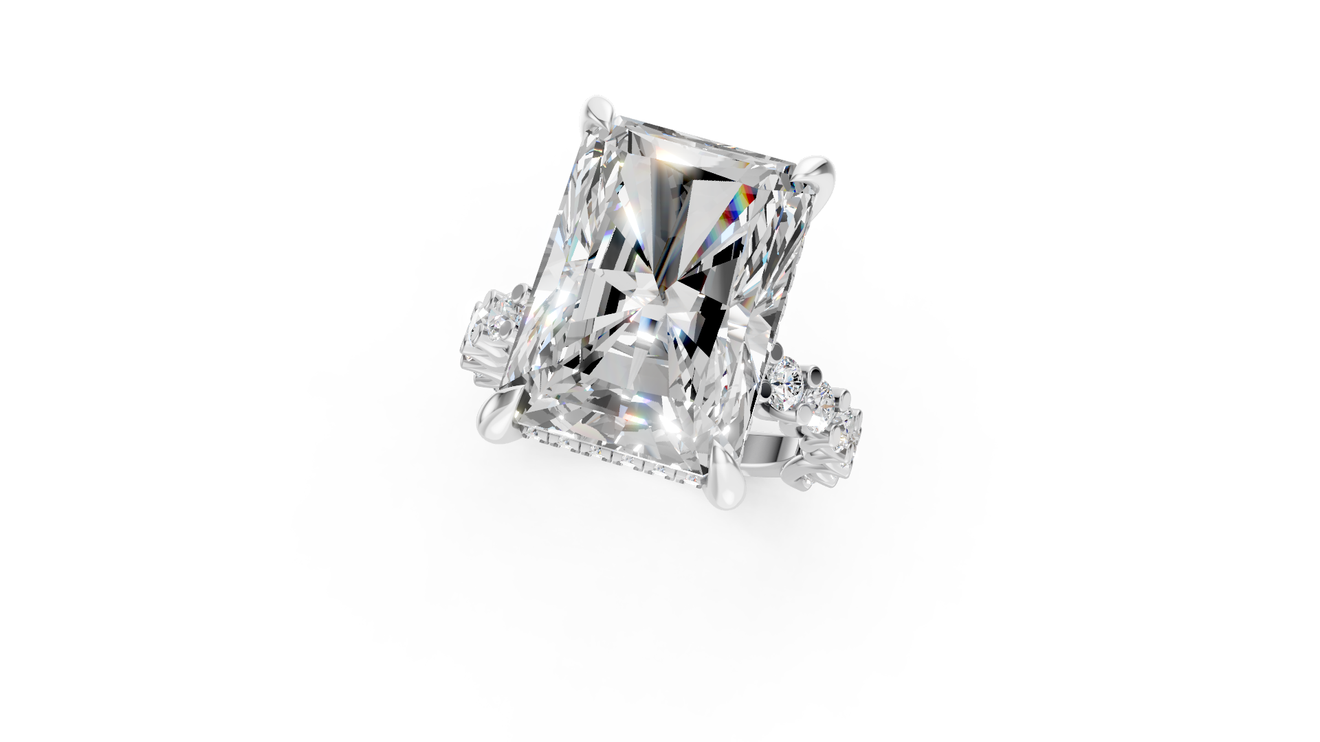 Tiger Prongs Platinum Radiant Diamond Ring with Intricate Scrollwork Band