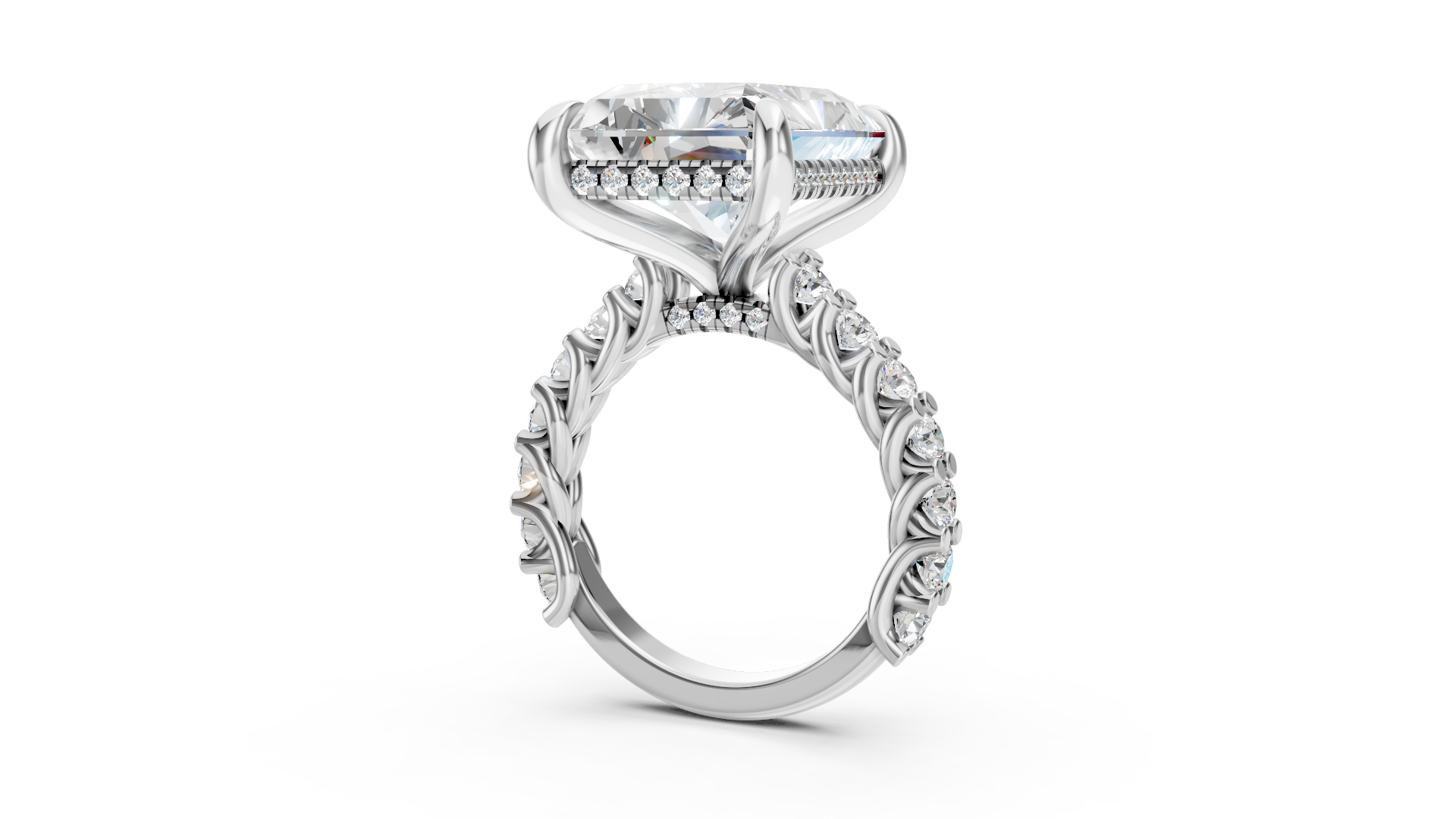 Tiger Prongs Platinum Radiant Diamond Ring with Intricate Scrollwork Band