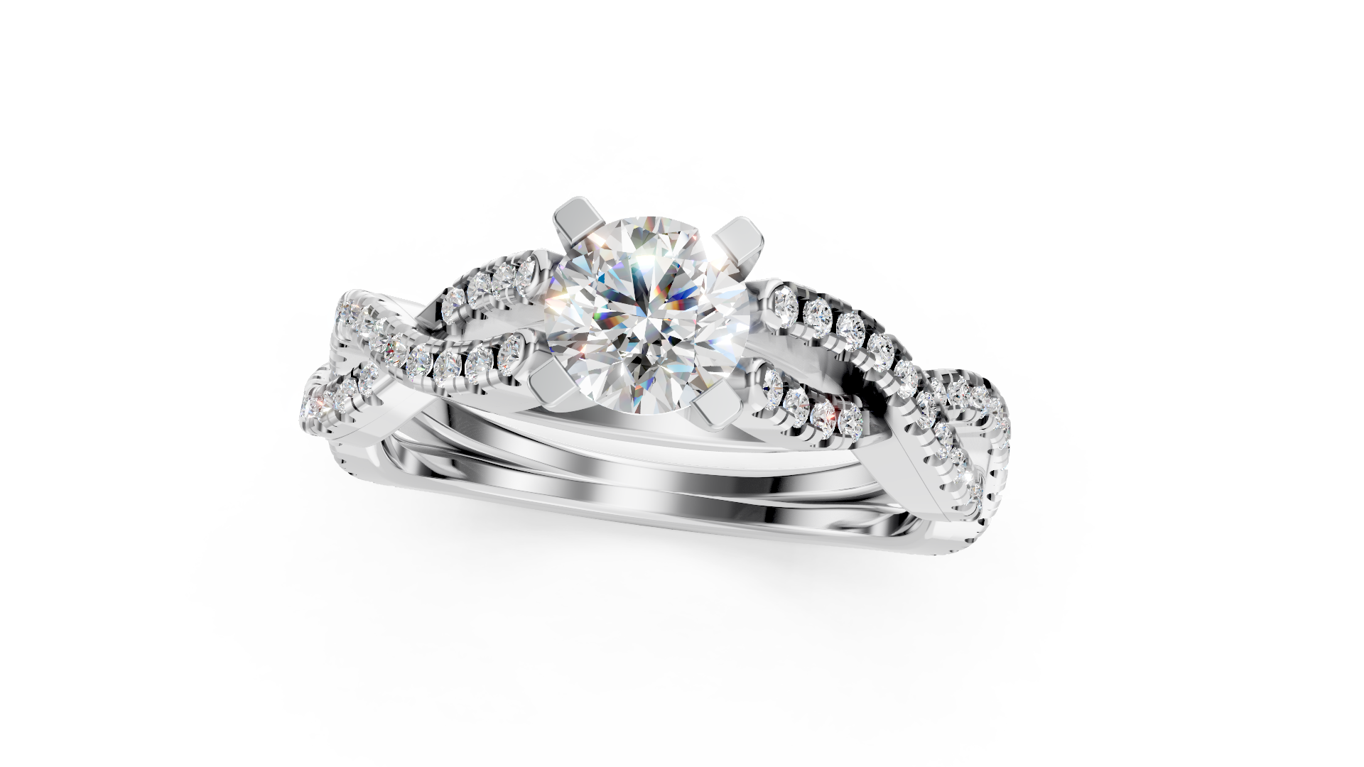Elegant Platinum Round Solitaire Ring with Diamond Twisted Band