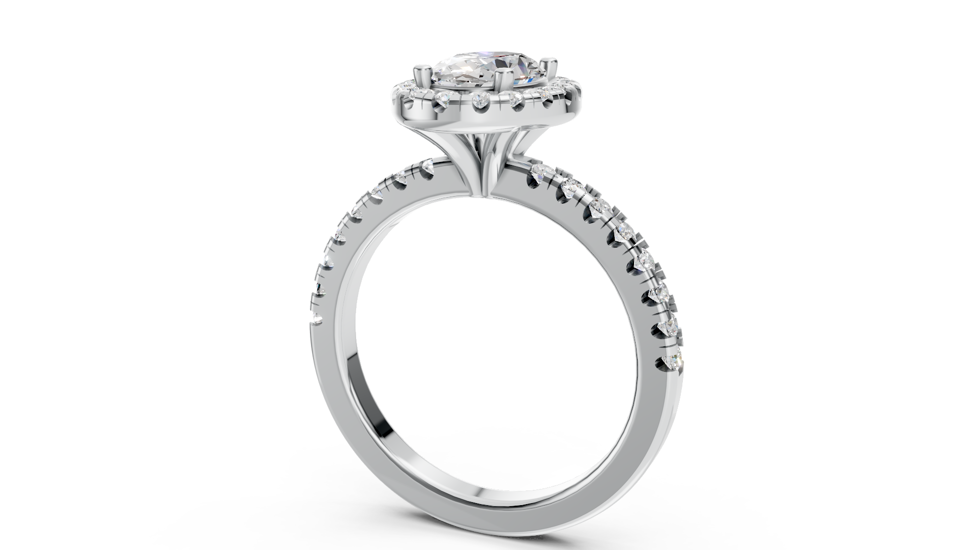 Dazzling Platinum Oval Diamond Halo Ring with Accent Band