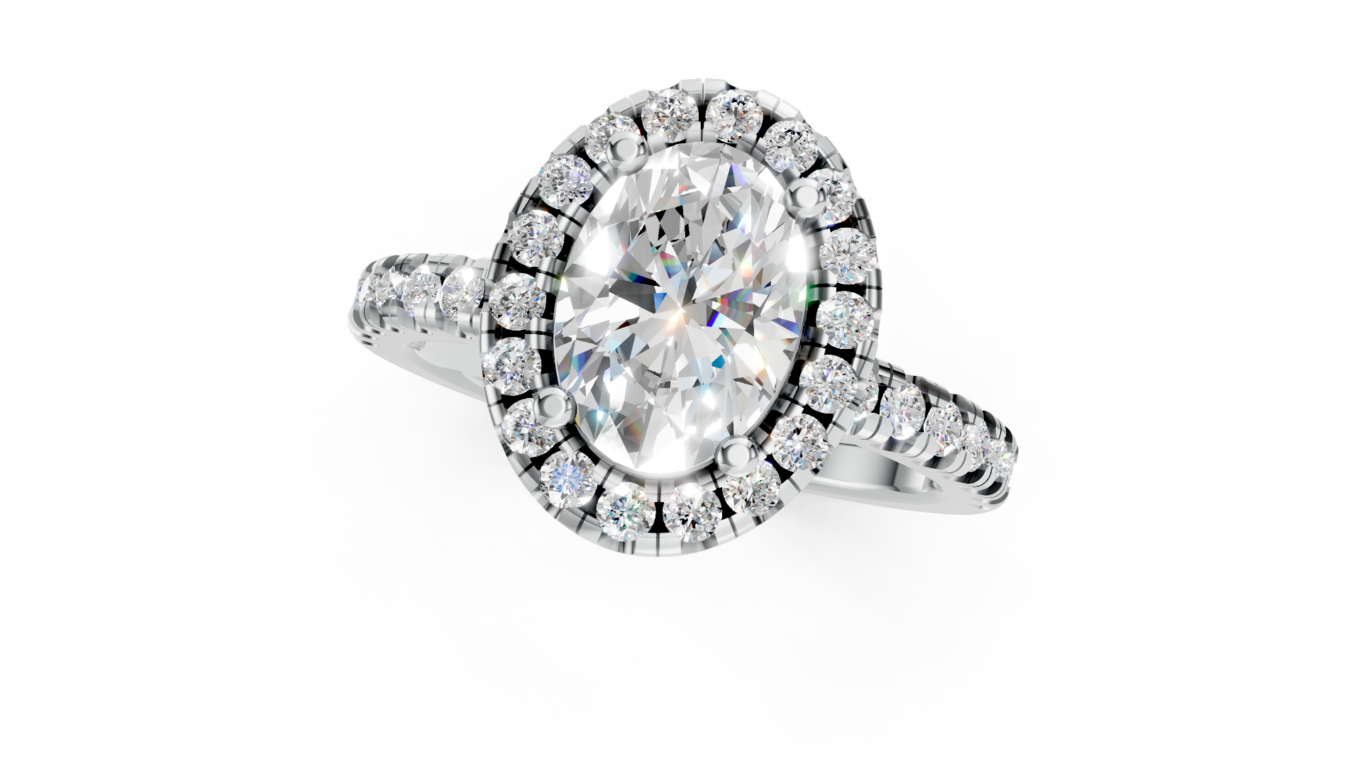 Dazzling Platinum Oval Diamond Halo Ring with Accent Band