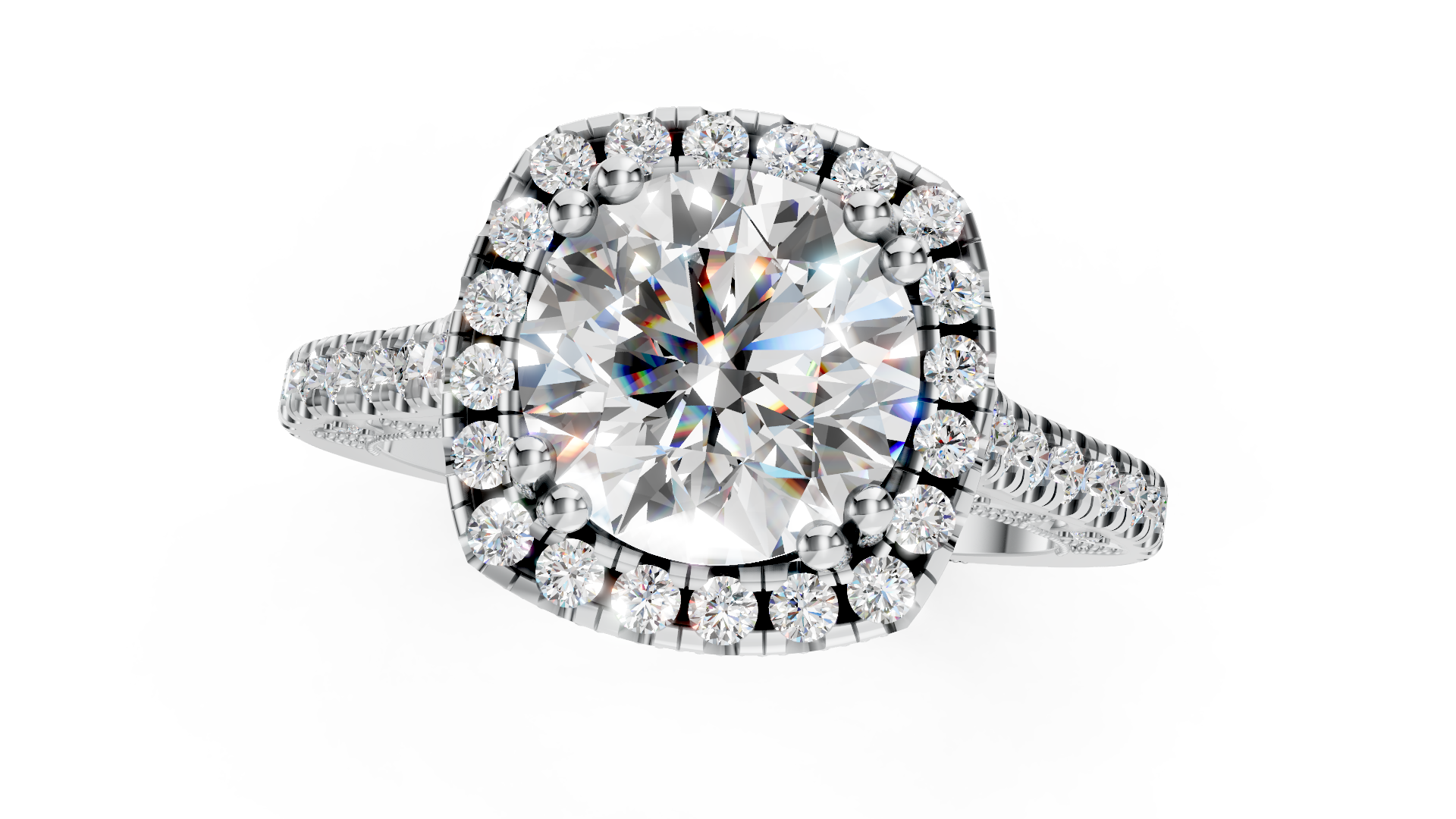 Vintage Inspired Platinum Round Diamond Halo Ring with Engraved Band