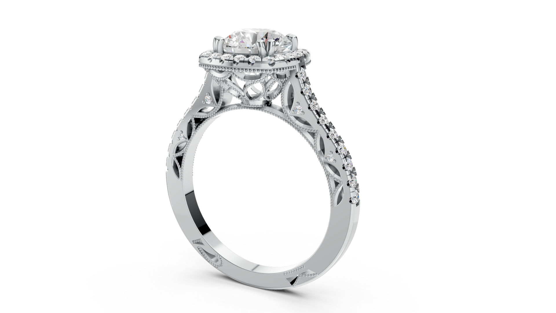 Vintage Inspired Platinum Round Diamond Halo Ring with Engraved Band