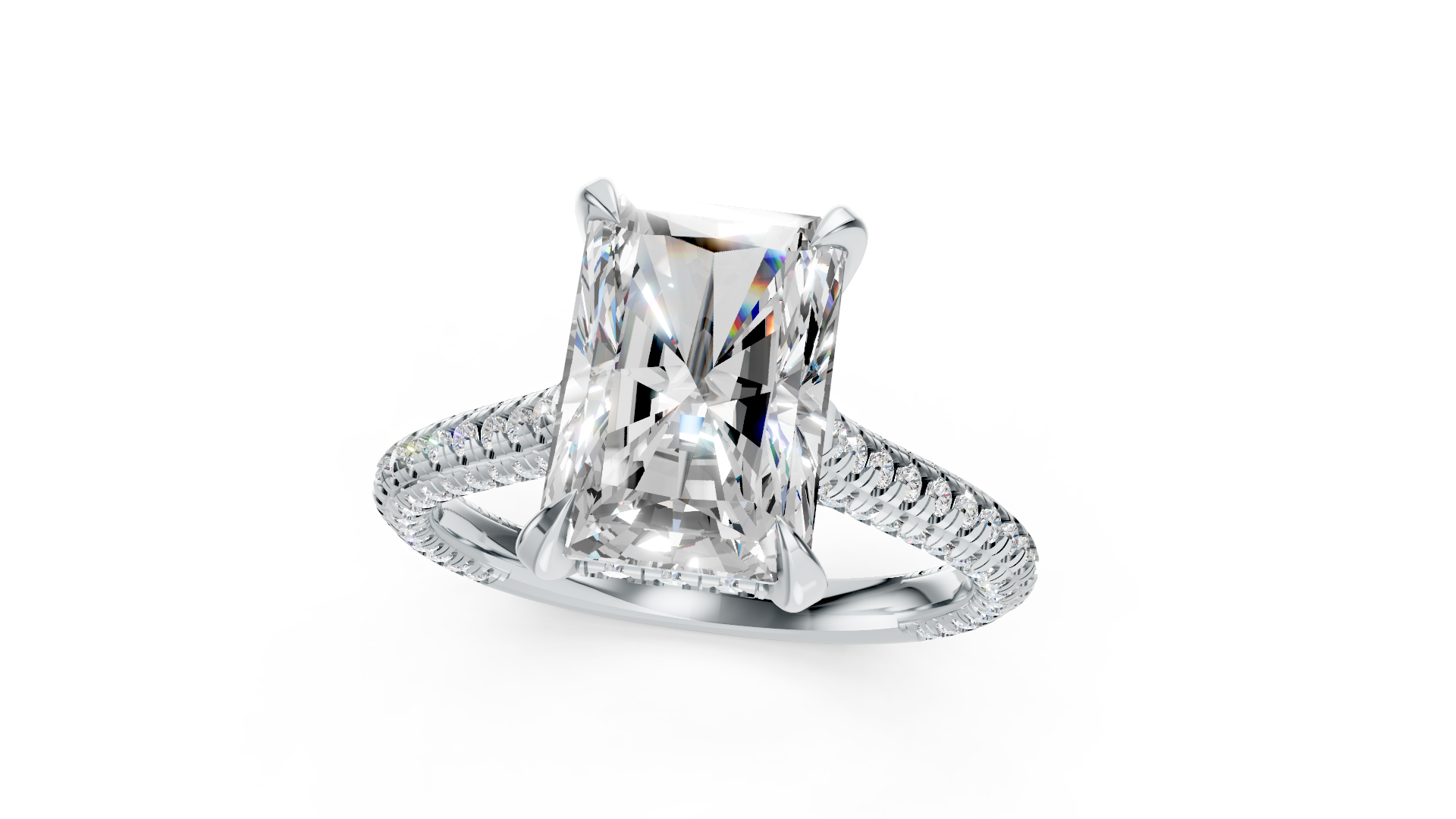 Luxurious Platinum Radiant Diamond Ring with Side Diamond Split Band