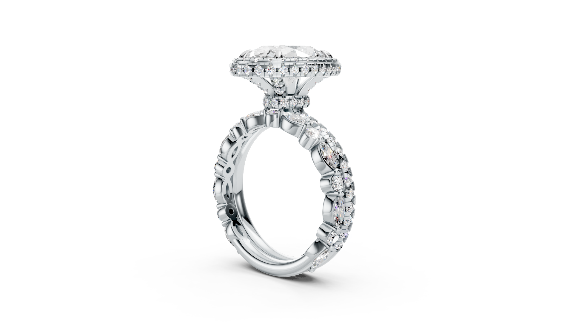 Oval Platinum Round Diamond Halo Ring with Ornate Scrollwork Band
