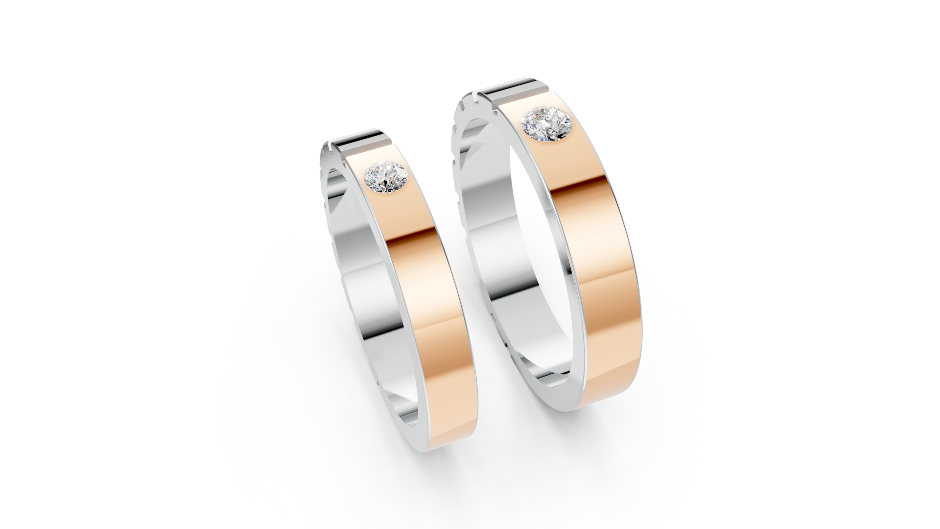 Modern Two-Tone Platinum and Rose Gold Diamond Wedding Band Set